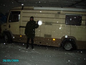 snowing outside the van
